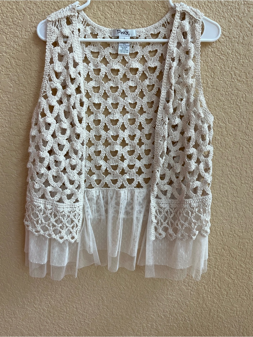 Pinky Cream Crochet Knit Tank with Tulle Hem